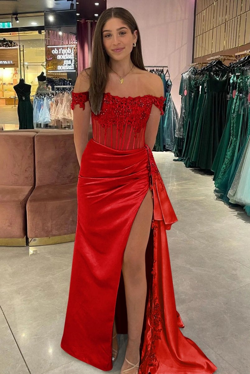 Korla | Off the Shoulder Satin Beaded Prom Dress With Appliques