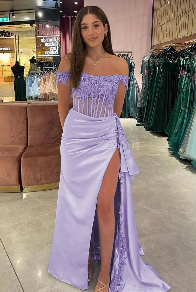 Korla | Off the Shoulder Satin Beaded Prom Dress With Appliques