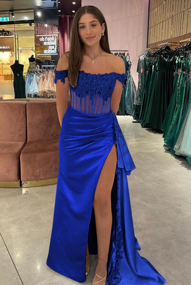 Korla | Off the Shoulder Satin Beaded Prom Dress With Appliques