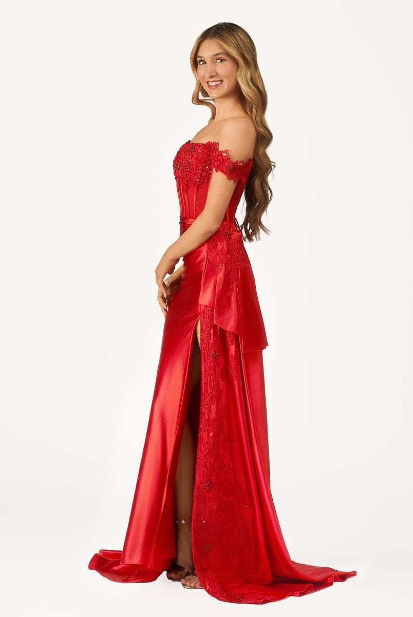 Korla | Off the Shoulder Satin Beaded Prom Dress With Appliques
