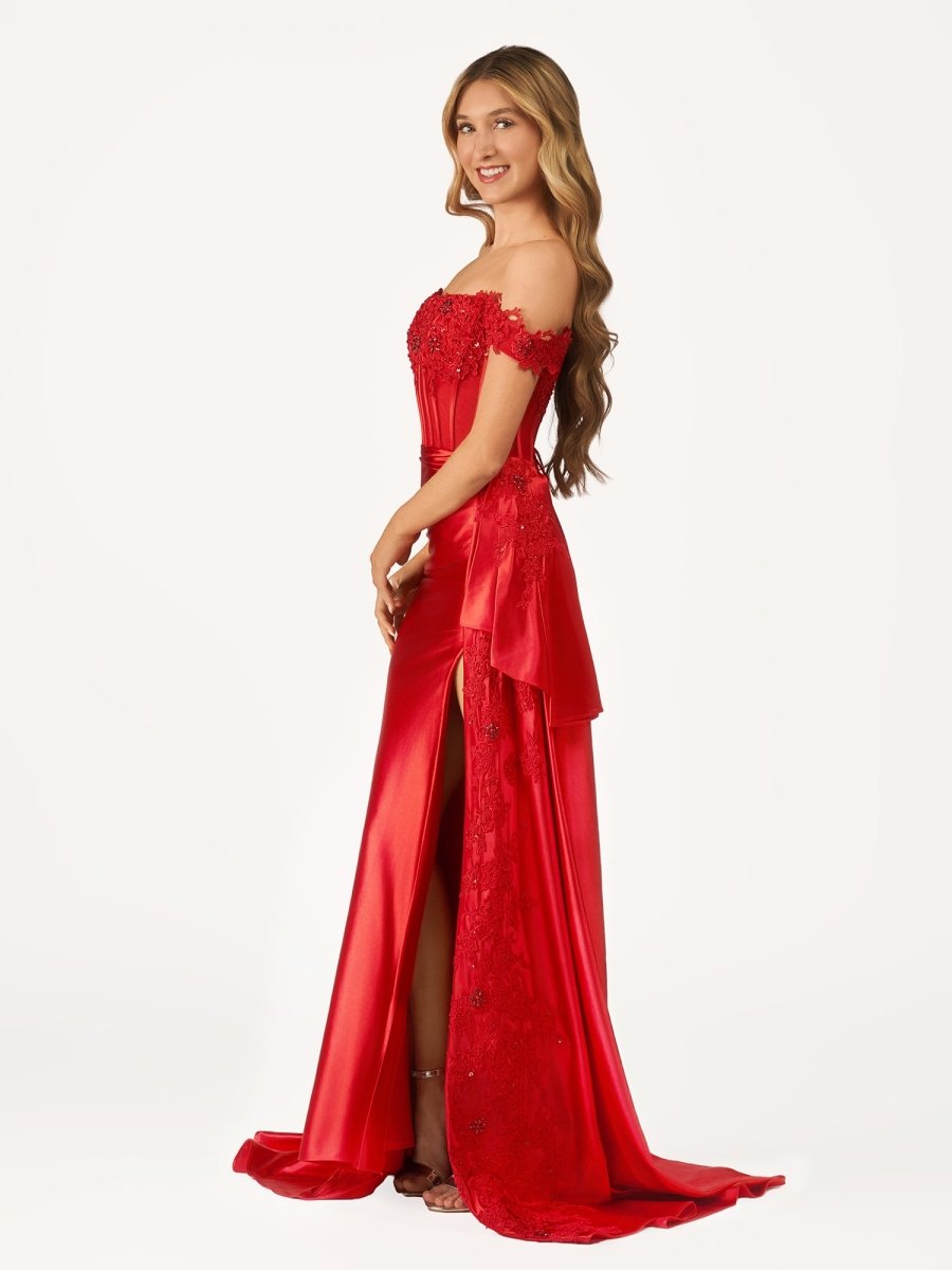 Korla | Off the Shoulder Satin Beaded Prom Dress With Appliques