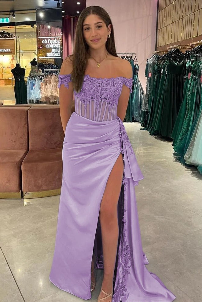 Korla | Off the Shoulder Satin Beaded Prom Dress With Appliques