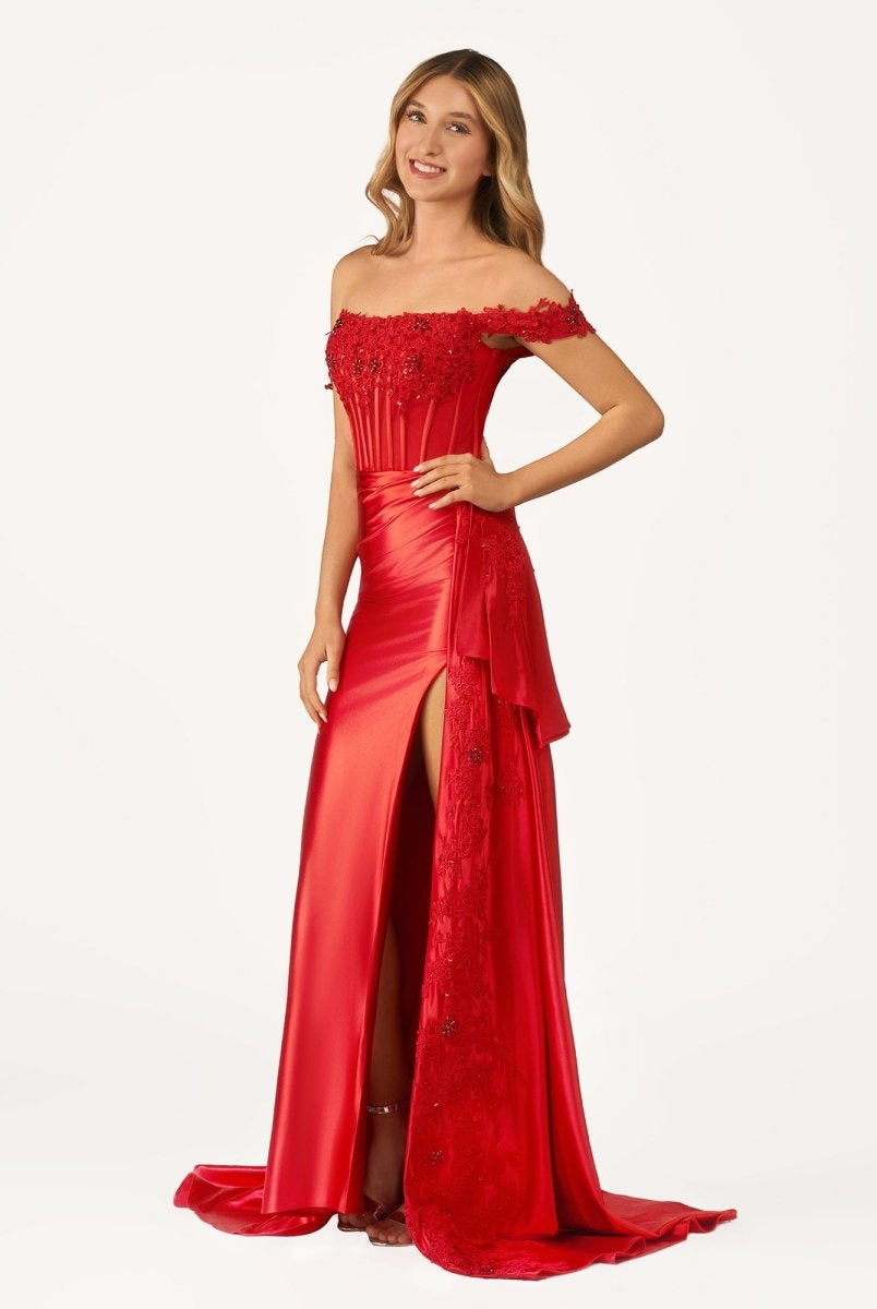 Korla | Off the Shoulder Satin Beaded Prom Dress With Appliques