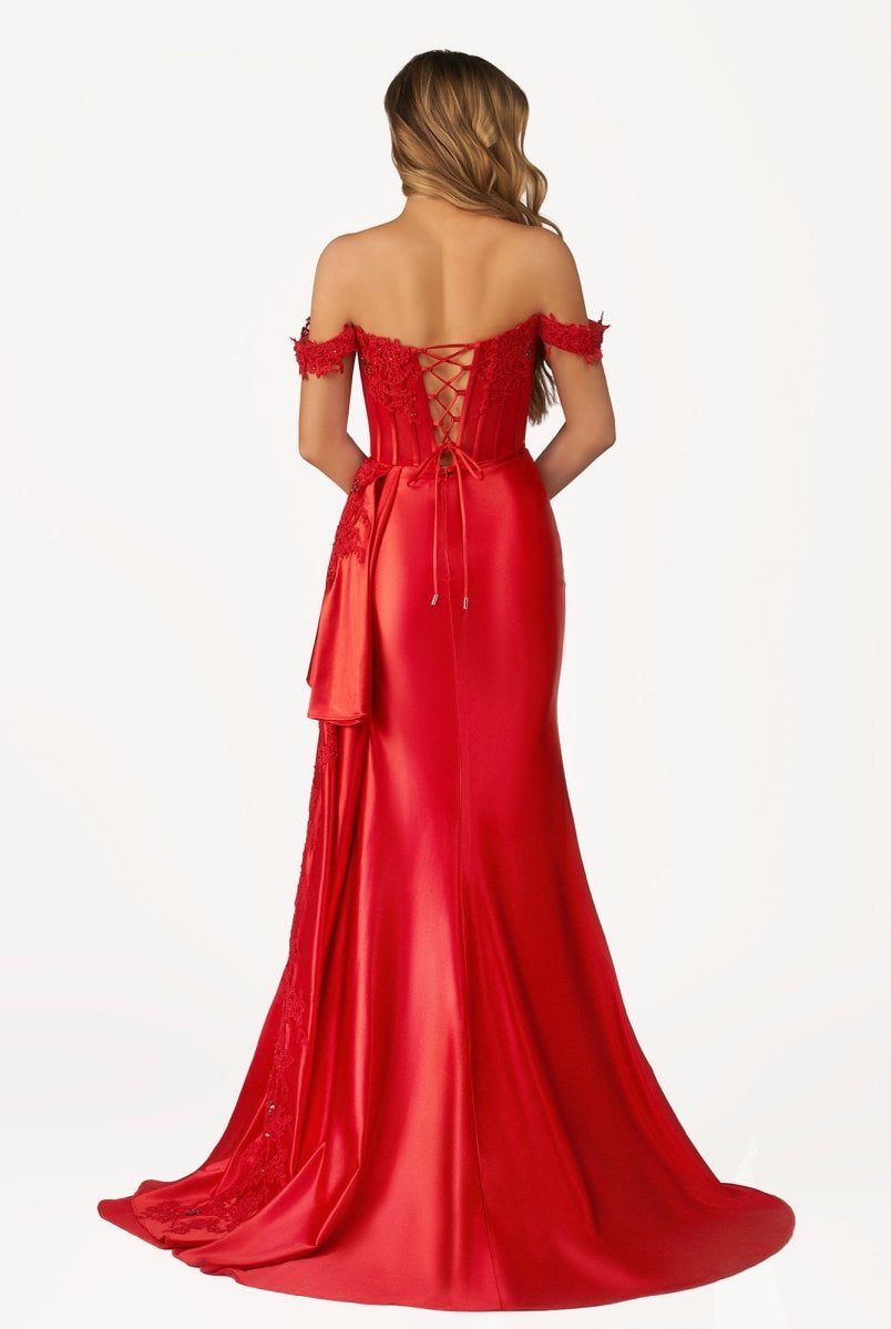 Korla | Off the Shoulder Satin Beaded Prom Dress With Appliques