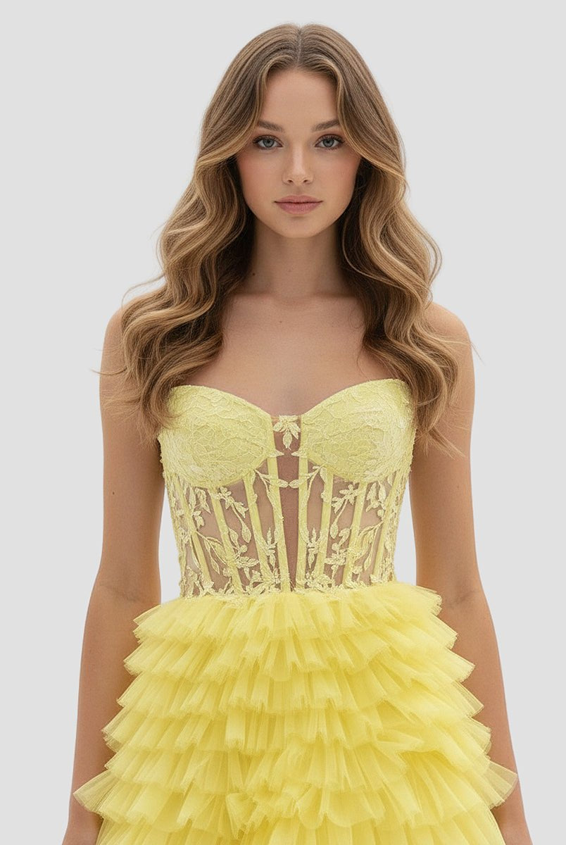 KissProm-Korrine Yellow Sweetheart A Line Tiered Tulle Long Prom Dress