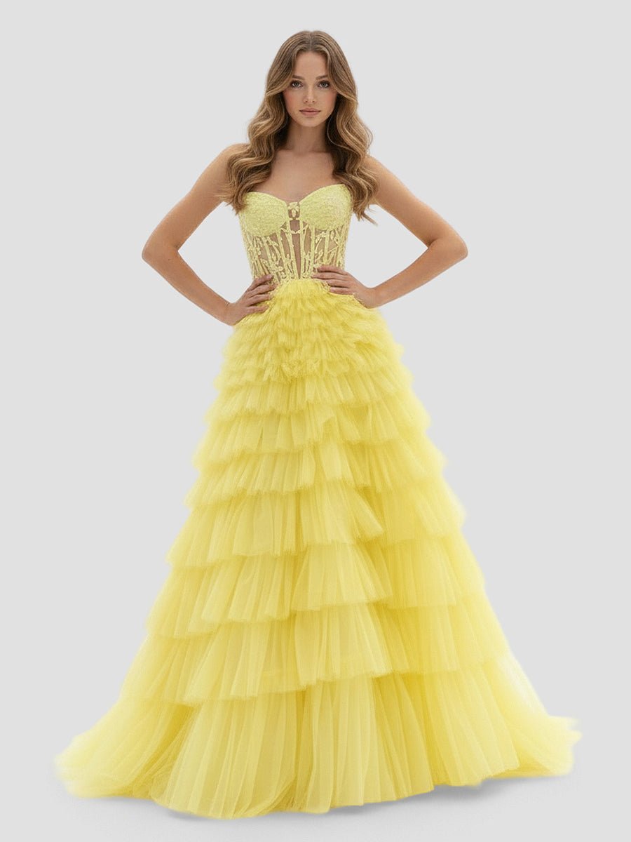 KissProm-Korrine Yellow Sweetheart A Line Tiered Tulle Long Prom Dress