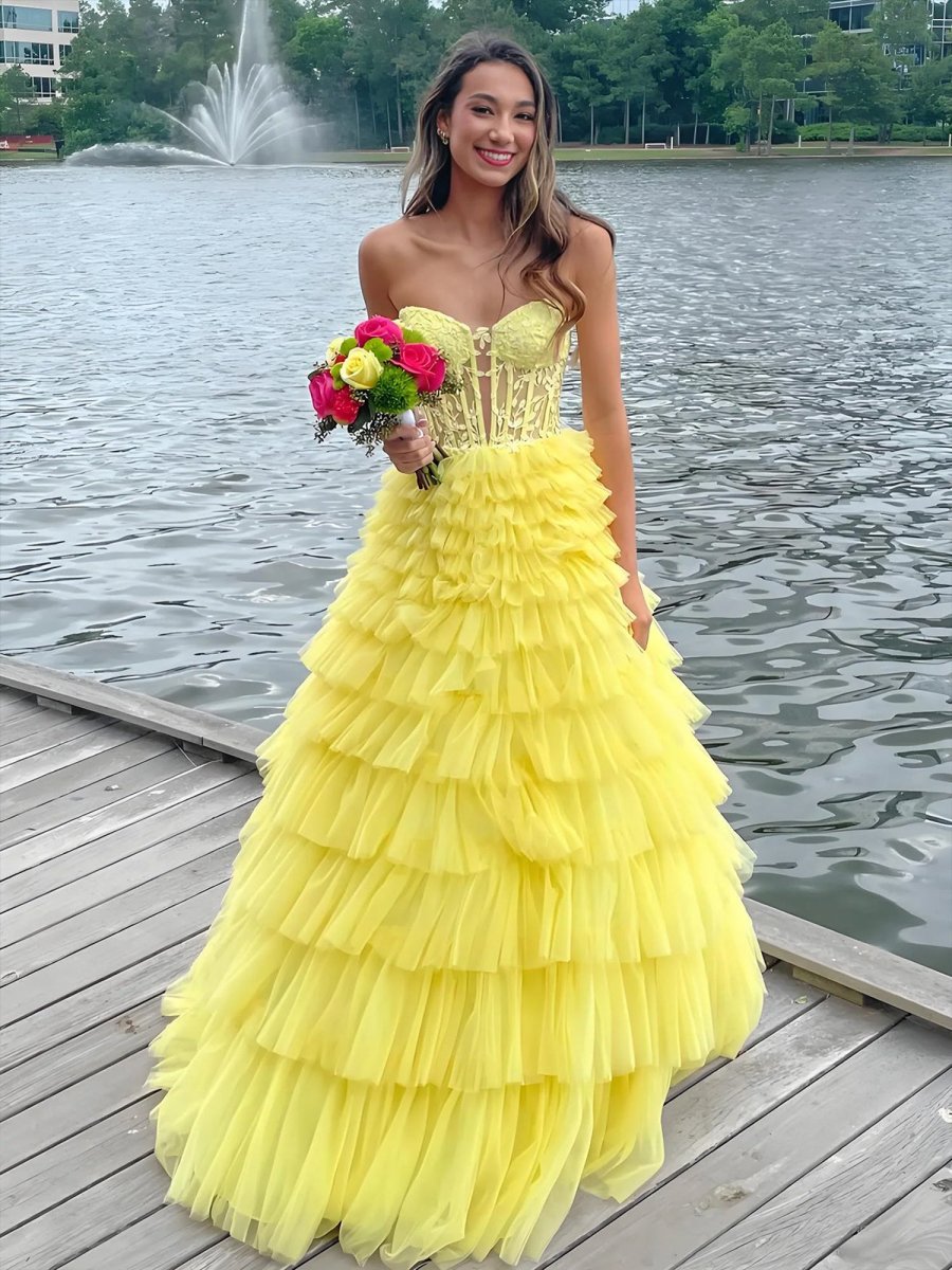 KissProm-Korrine Yellow Sweetheart A Line Tiered Tulle Long Prom Dress