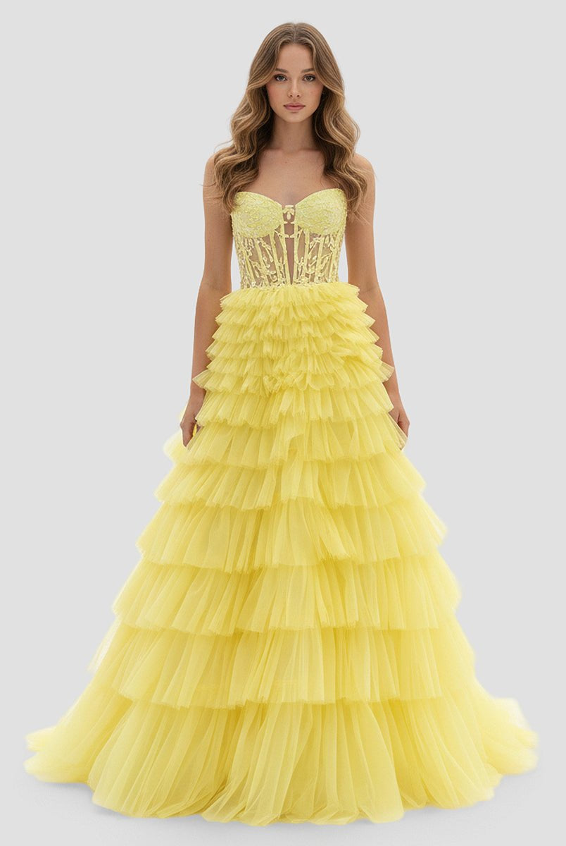 KissProm-Korrine Yellow Sweetheart A Line Tiered Tulle Long Prom Dress