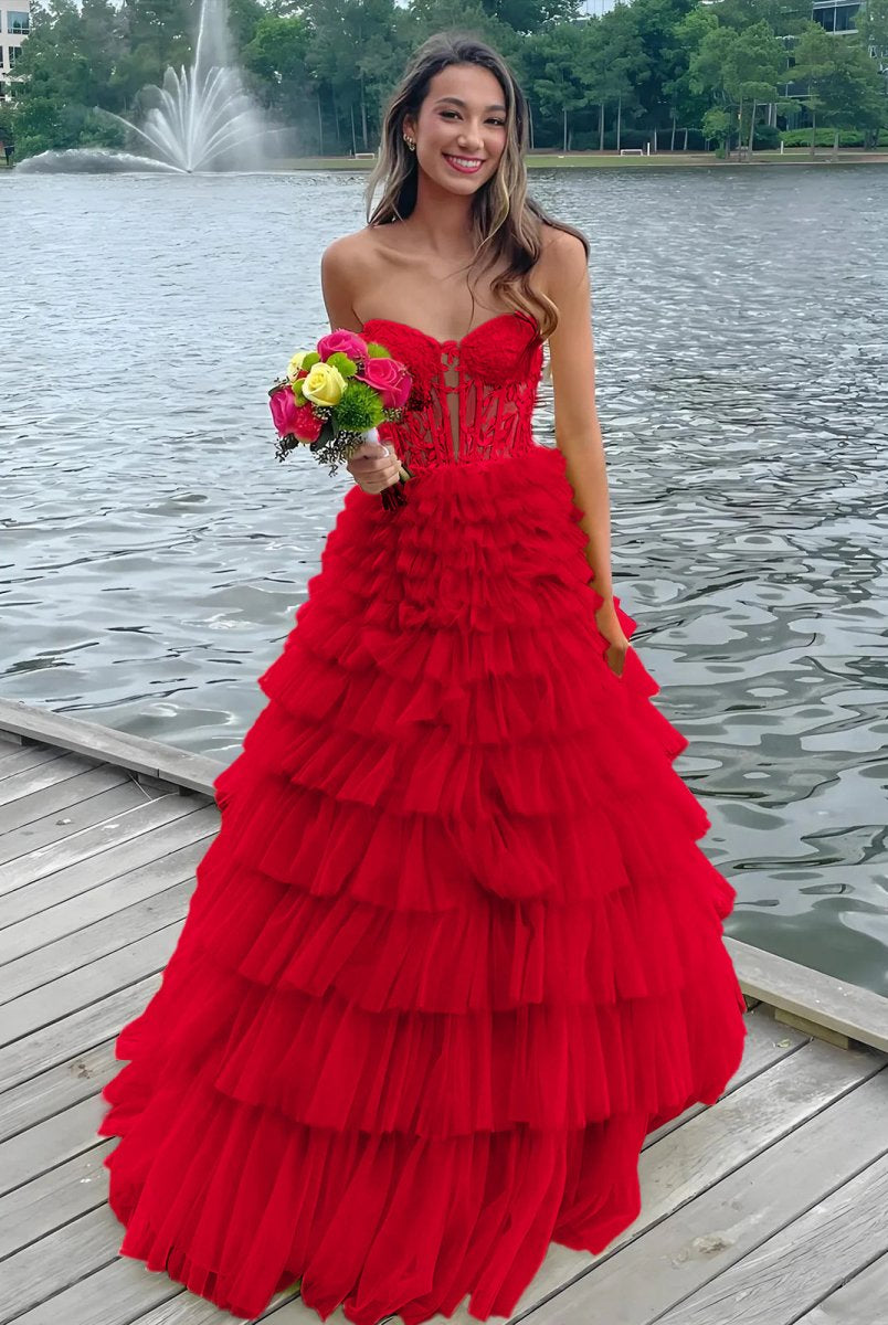 KissProm-Korrine Red Sweetheart A Line Tiered Tulle Long Prom Dress
