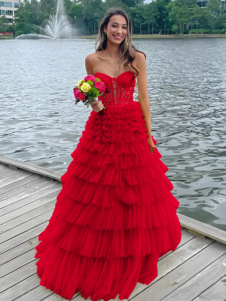 KissProm-Korrine Red Sweetheart A Line Tiered Tulle Long Prom Dress