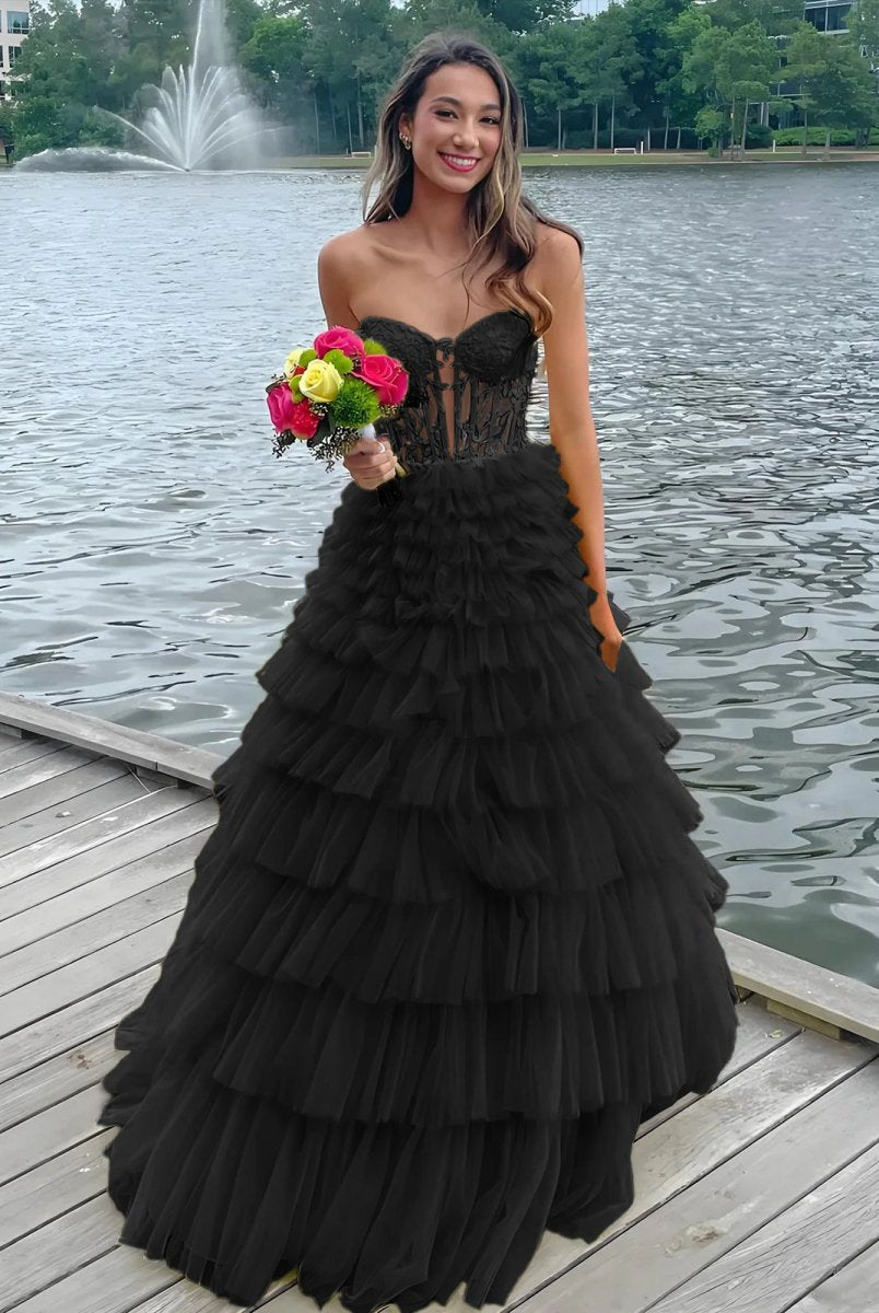 KissProm-Korrine Black Sweetheart A Line Tiered Tulle Long Prom Dress
