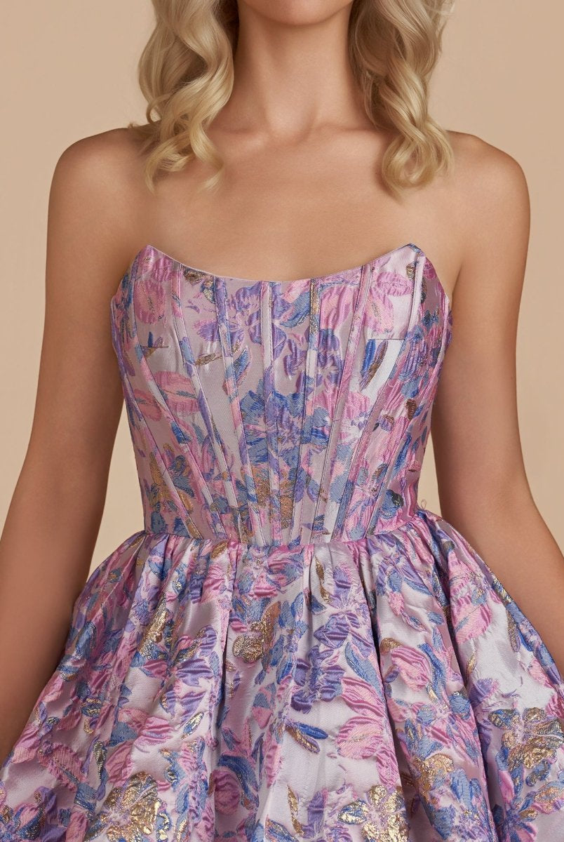 Kovi | Purple - A Line Brocade Strapless Corset Floral Homecoming Dress with Bubble Hem