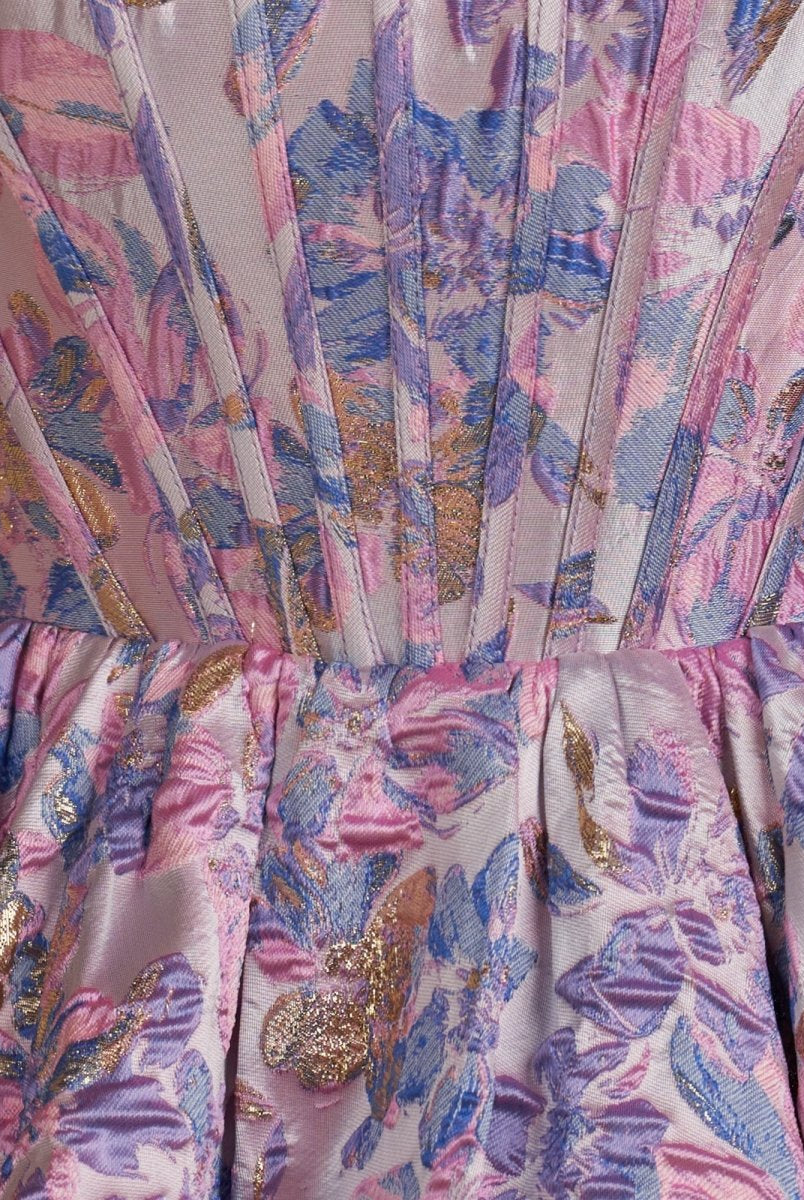 Kovi | Purple - A Line Brocade Strapless Corset Floral Homecoming Dress with Bubble Hem