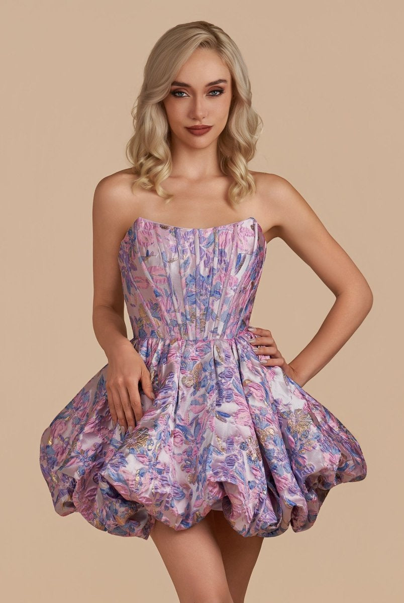 Kovi | Purple - A Line Brocade Strapless Corset Floral Homecoming Dress with Bubble Hem