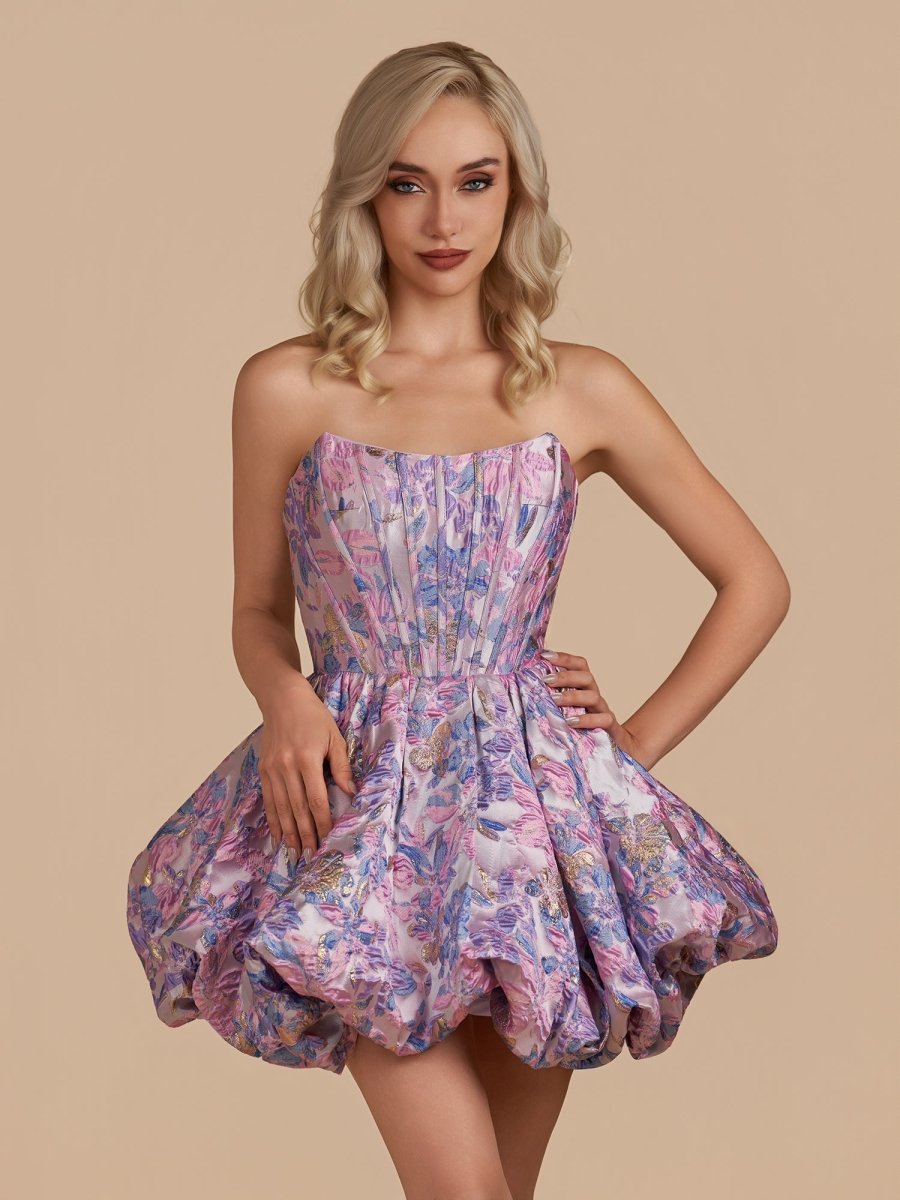 Kovi | Purple - A Line Brocade Strapless Corset Floral Homecoming Dress with Bubble Hem