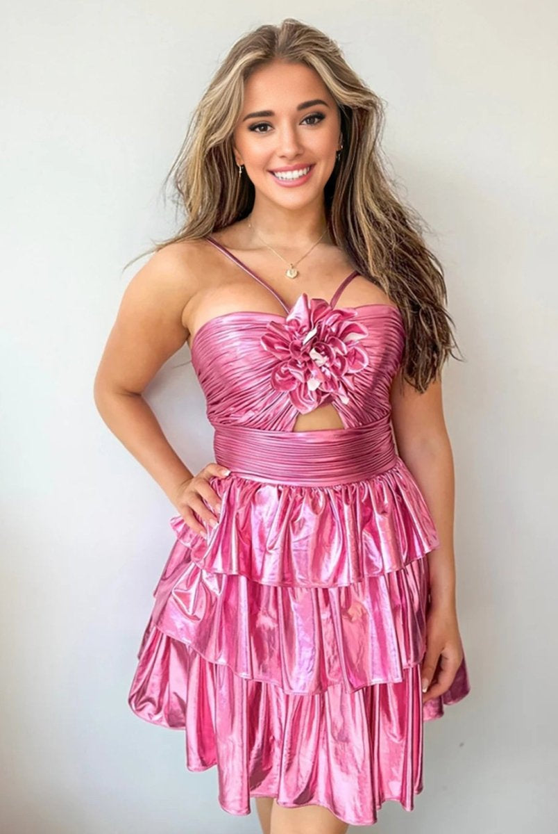Kristinaa | Hot Pink - Keyhole A Line Metallic Homecoming Dress With Flower