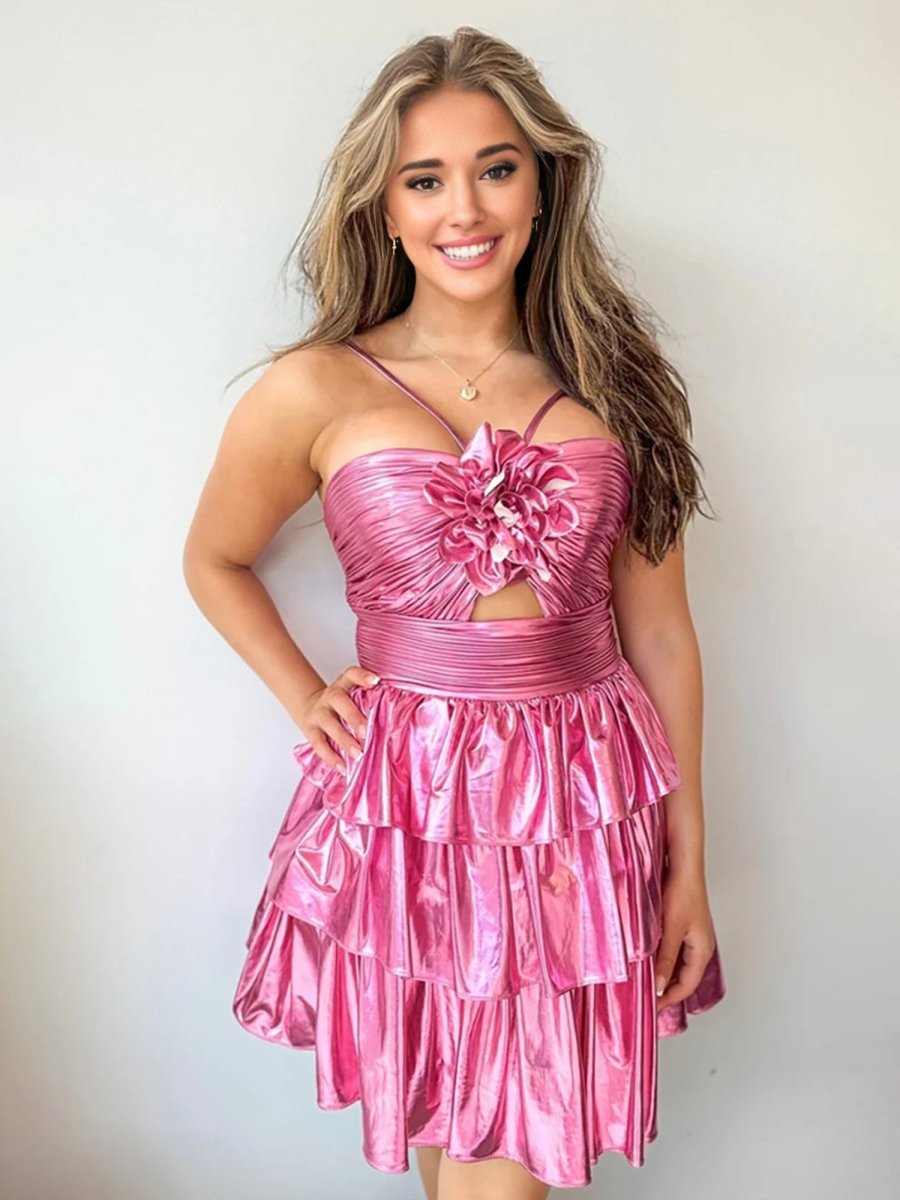 Hot Pink - Keyhole A Line Metallic Homecoming Dress with Flower, Hot Pink / 8 Hot Pink - Keyhole A Line Metallic Homecoming Dress with Flower, Hot Pink / 8