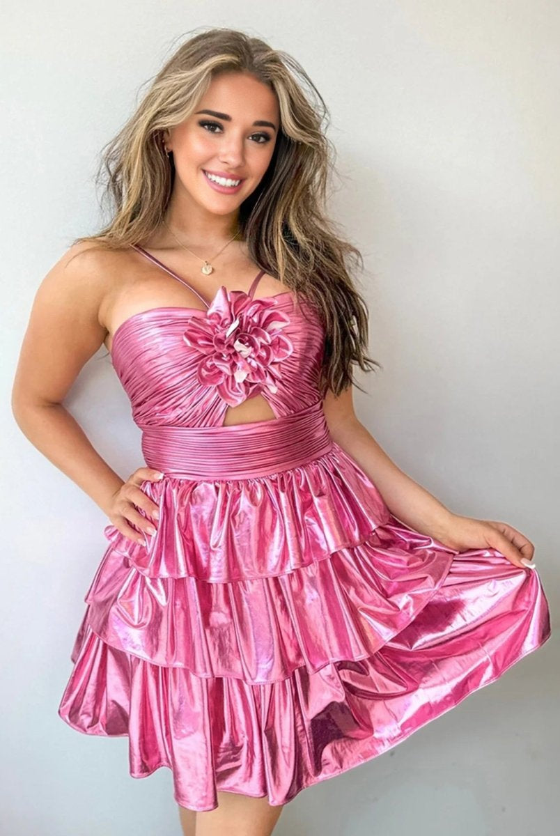 Kristinaa | Hot Pink - Keyhole A Line Metallic Homecoming Dress With Flower