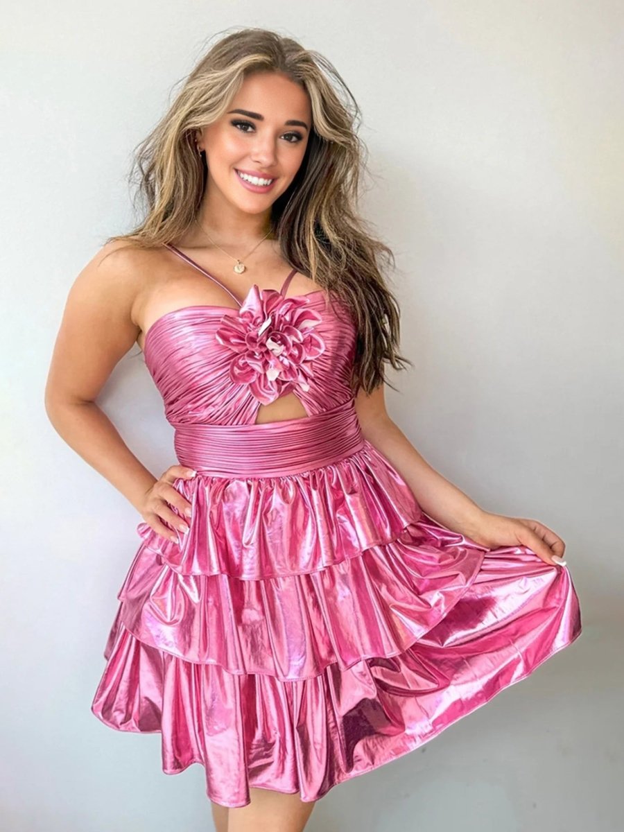 Kristinaa | Hot Pink - Keyhole A Line Metallic Homecoming Dress With Flower