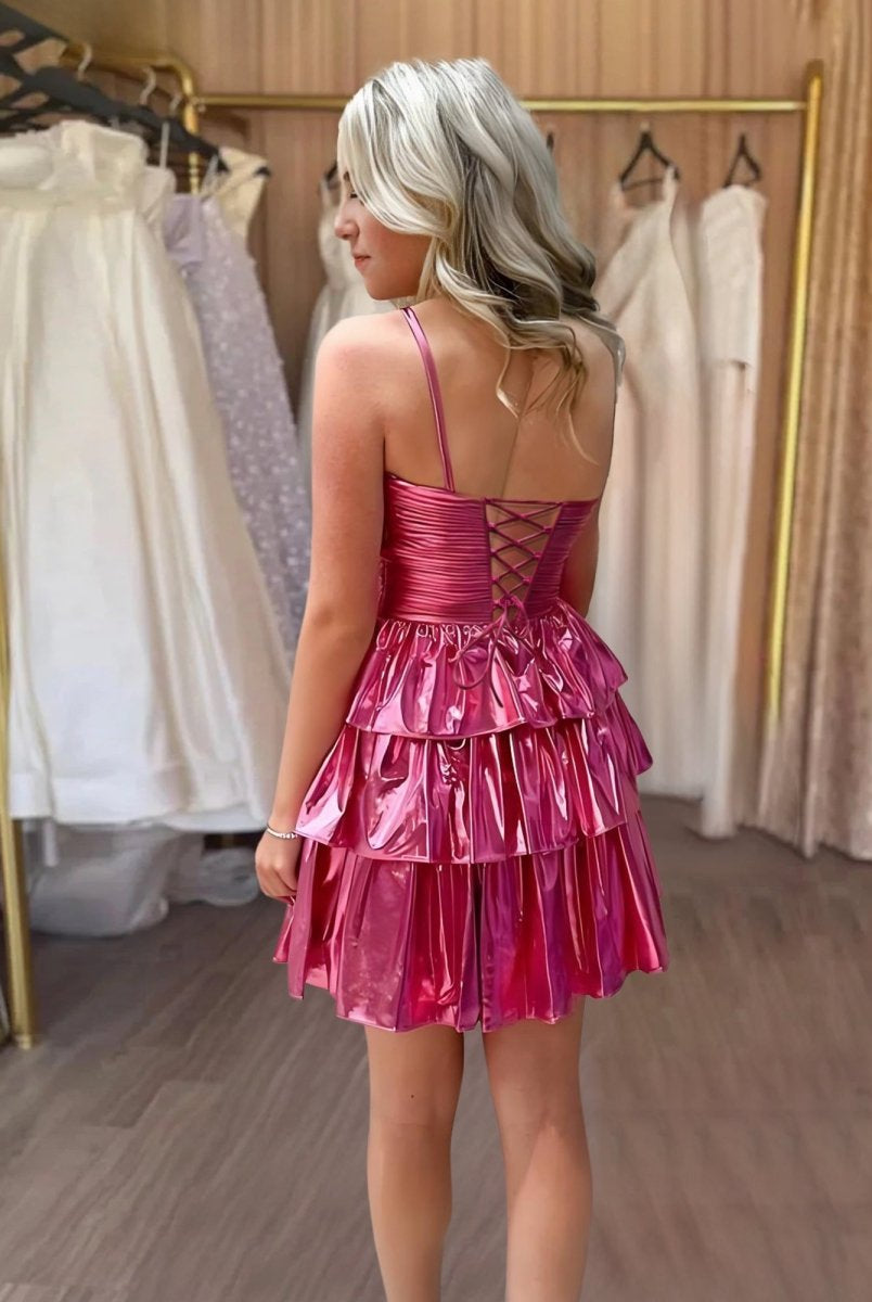 Kristinaa | Magenta - Keyhole A Line Metallic Homecoming Dress With Flower