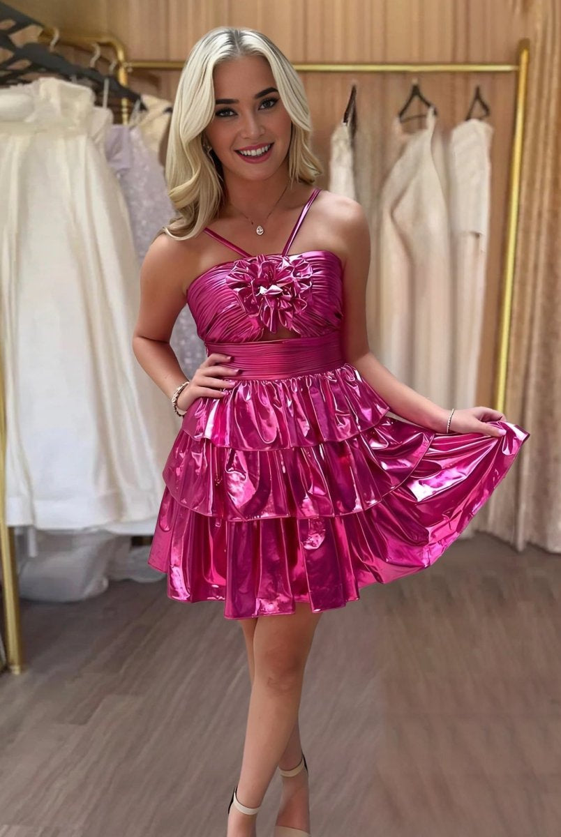 Kristinaa | Magenta - Keyhole A Line Metallic Homecoming Dress With Flower