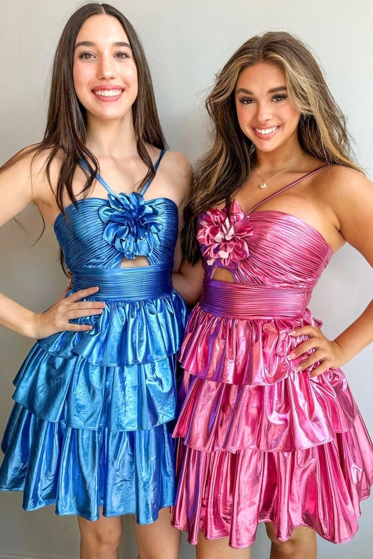 Kristinaa | Royal Blue - Keyhole A Line Metallic Homecoming Dress With Flower