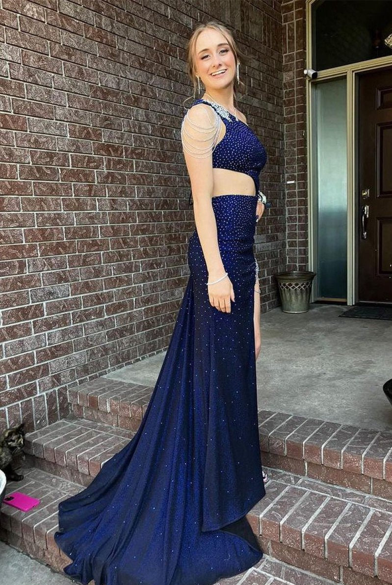 Itzel | One - Shoulder Hunter Green Beaded Mermaid Long Prom Dress with Slit - KissProm