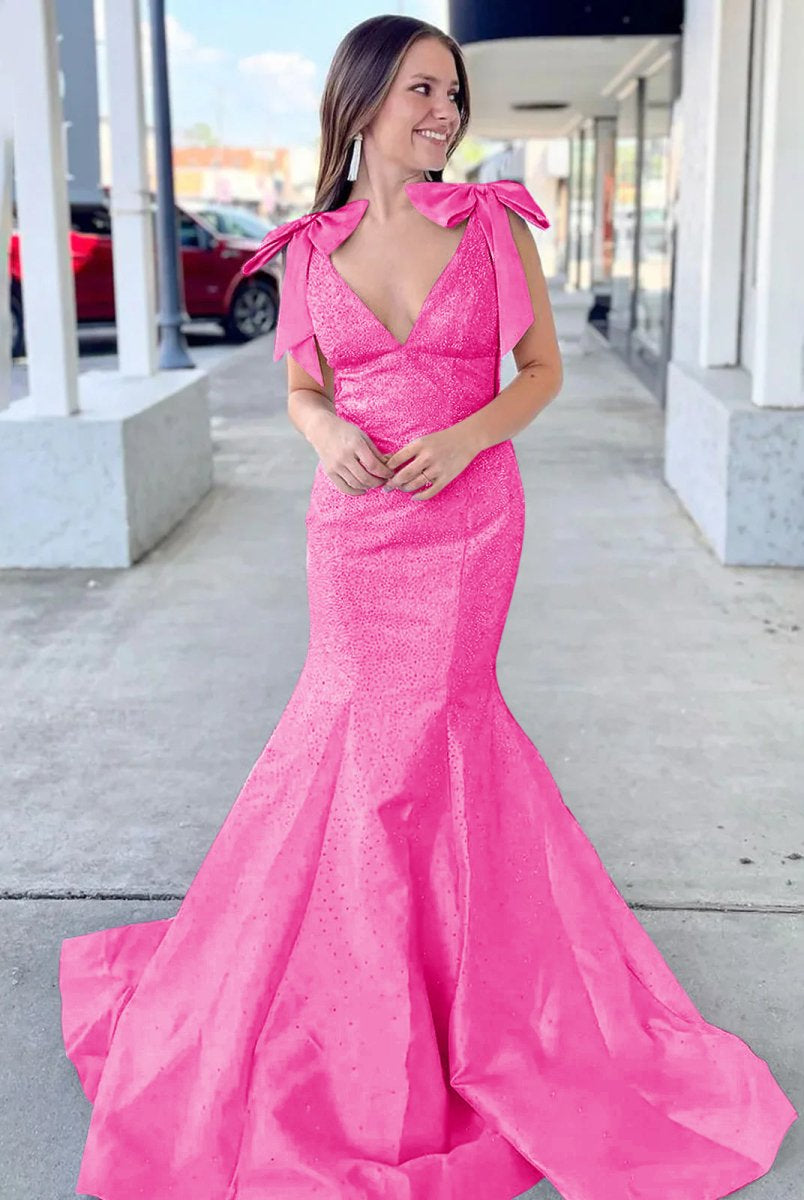 Kycera | Sky Blue V Neck Mermaid Satin Long Prom Dress With Bow