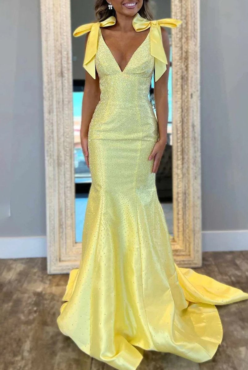 Kycera | Sky Blue V Neck Mermaid Satin Long Prom Dress With Bow