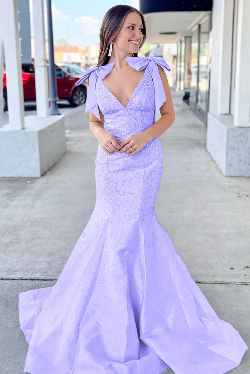 Kycera | Sky Blue V Neck Mermaid Satin Long Prom Dress With Bow