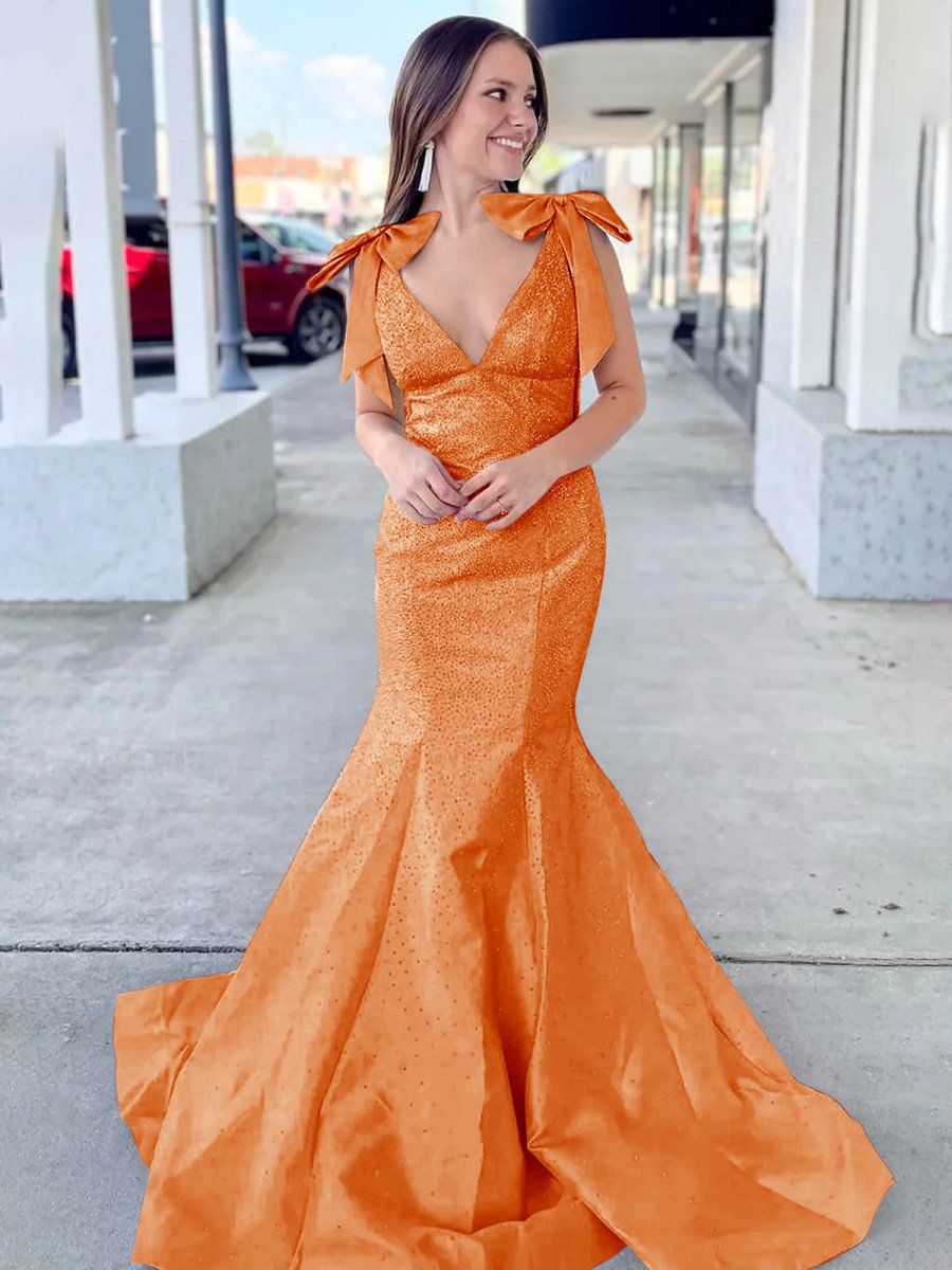 Kycera | Sky Blue V Neck Mermaid Satin Long Prom Dress With Bow