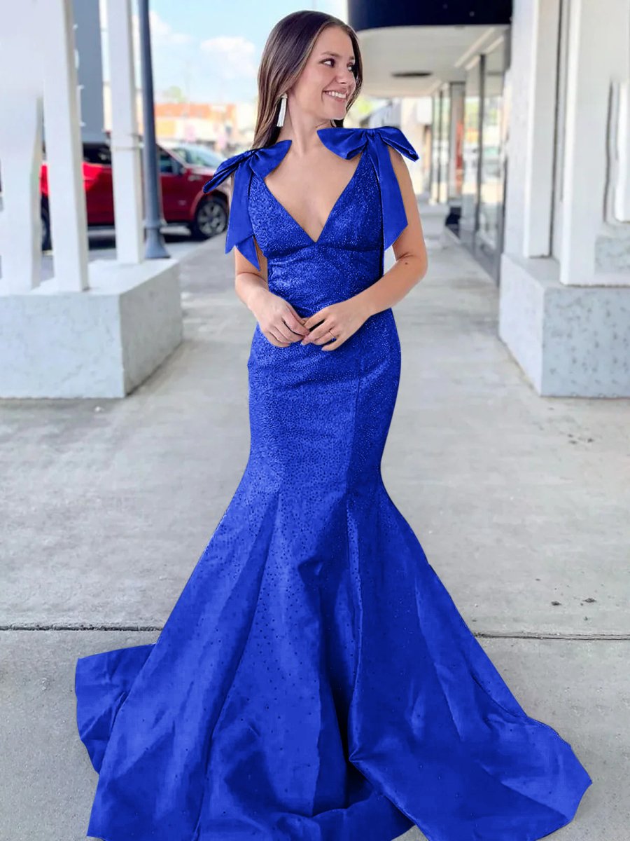 Kycera | Sky Blue V Neck Mermaid Satin Long Prom Dress With Bow