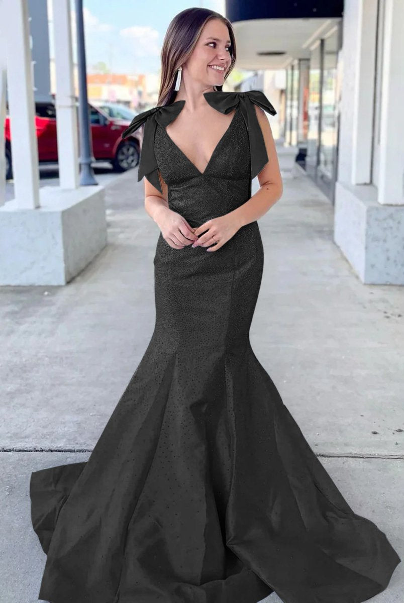 Kycera | Sky Blue V Neck Mermaid Satin Long Prom Dress With Bow