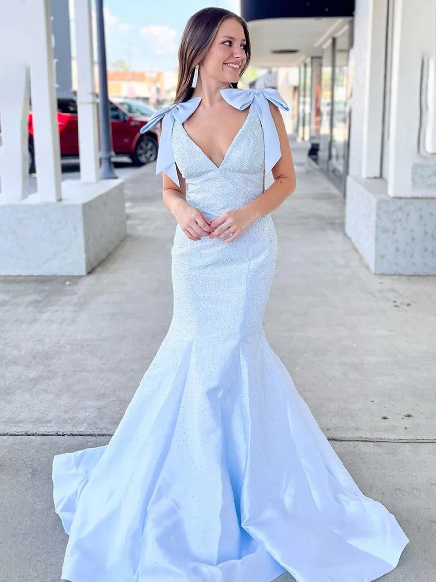 Kycera | Sky Blue V Neck Mermaid Satin Long Prom Dress With Bow
