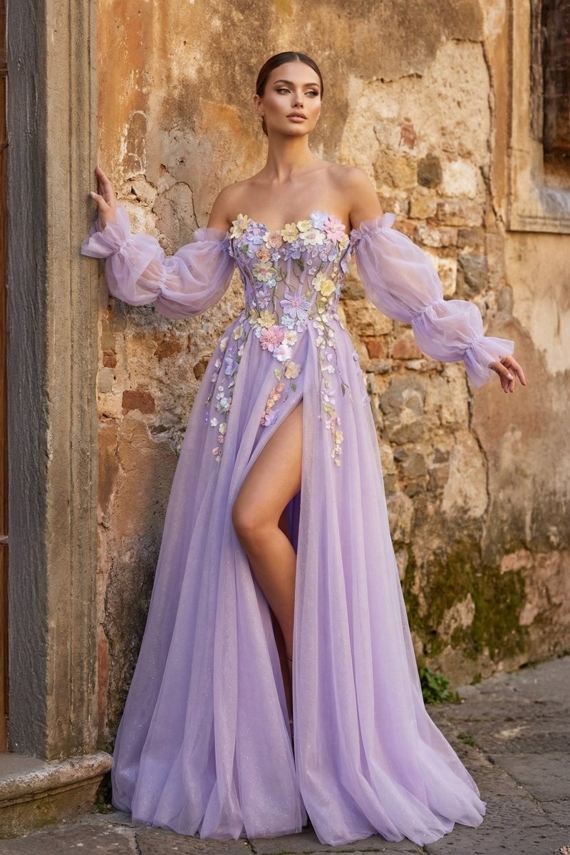 KissProm Lavender A-Line Strapless Tulle Prom Dress with 3D Flowers, Lavender / 8