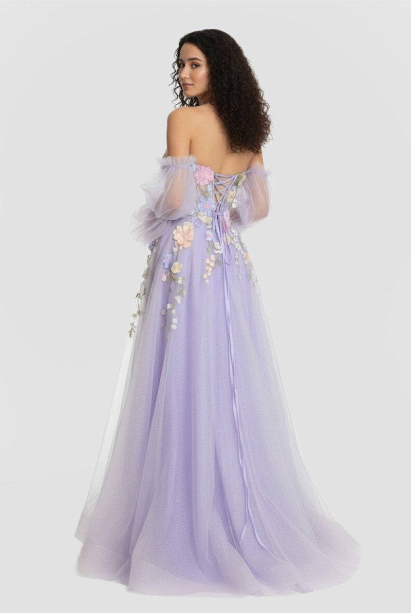 KissProm-Kylena Lavender A-Line Strapless Tulle Prom Dress with 3D Flowers