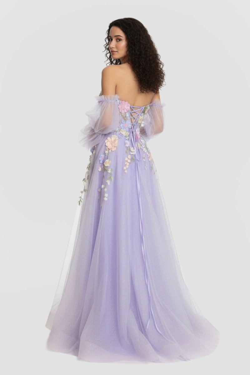 KissProm-Kylena Lavender A-Line Strapless Tulle Prom Dress with 3D Flowers