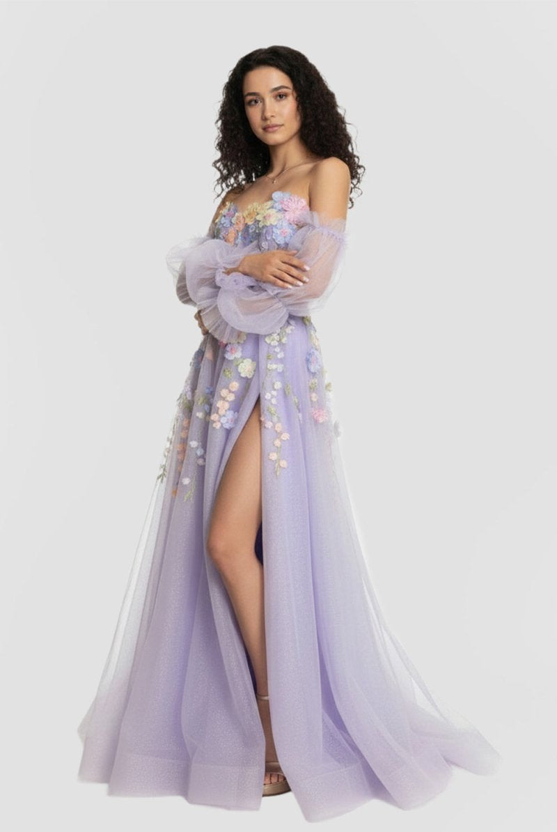 KissProm-Kylena Lavender A-Line Strapless Tulle Prom Dress with 3D Flowers
