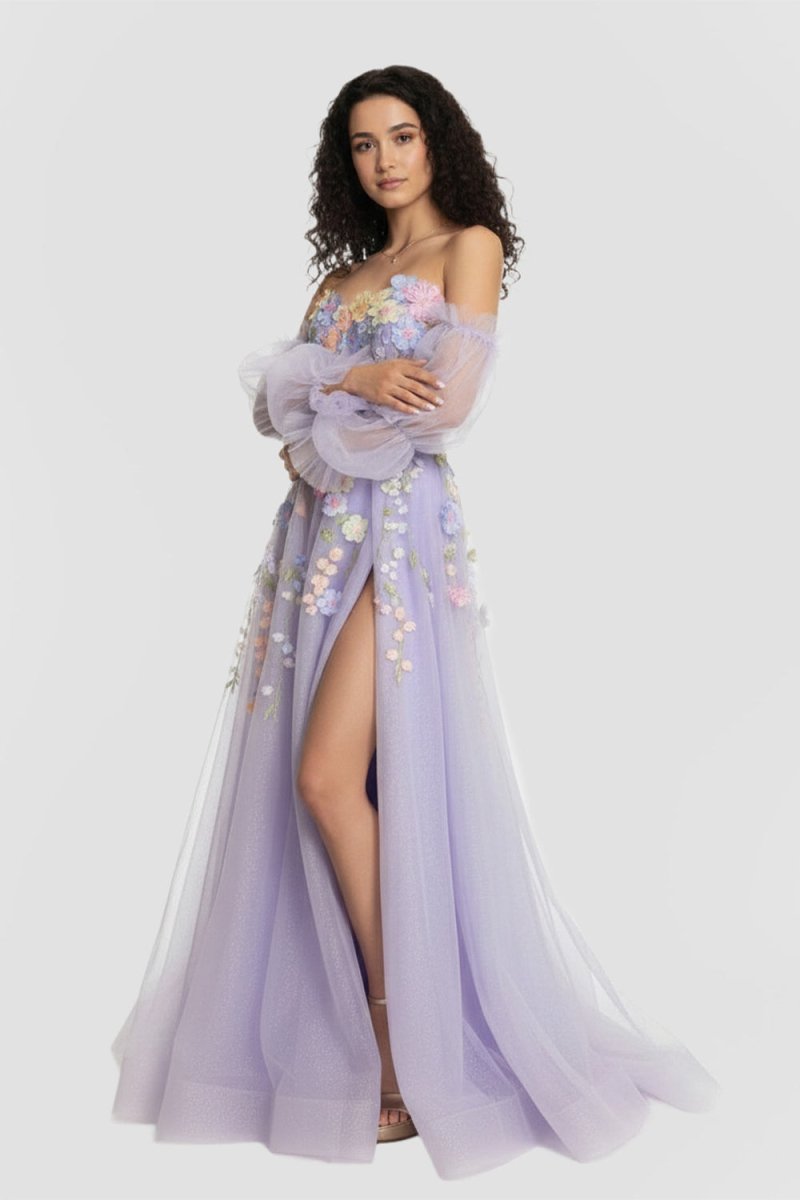 KissProm-Kylena Lavender A-Line Strapless Tulle Prom Dress with 3D Flowers