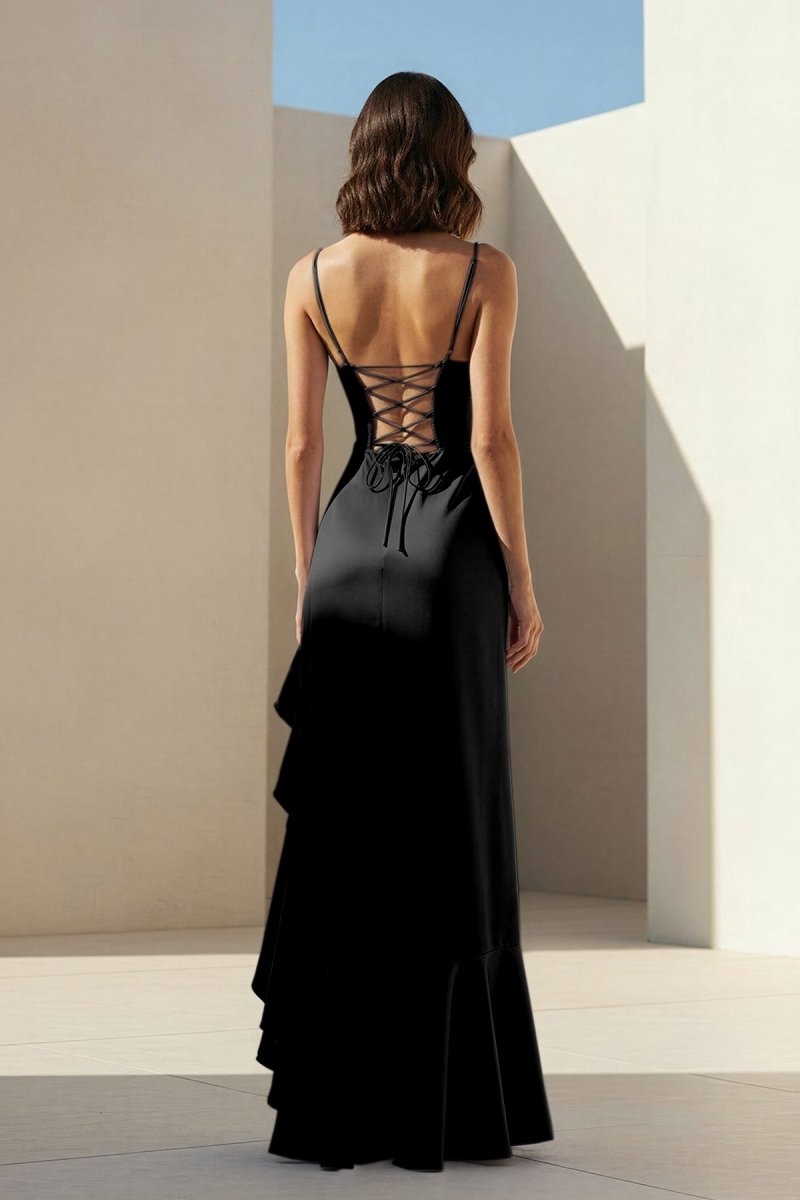 Kylin | Lavender - Spaghetti Straps Sheath Satin Pleated Formal Prom Dresses With Ruffles - KissProm