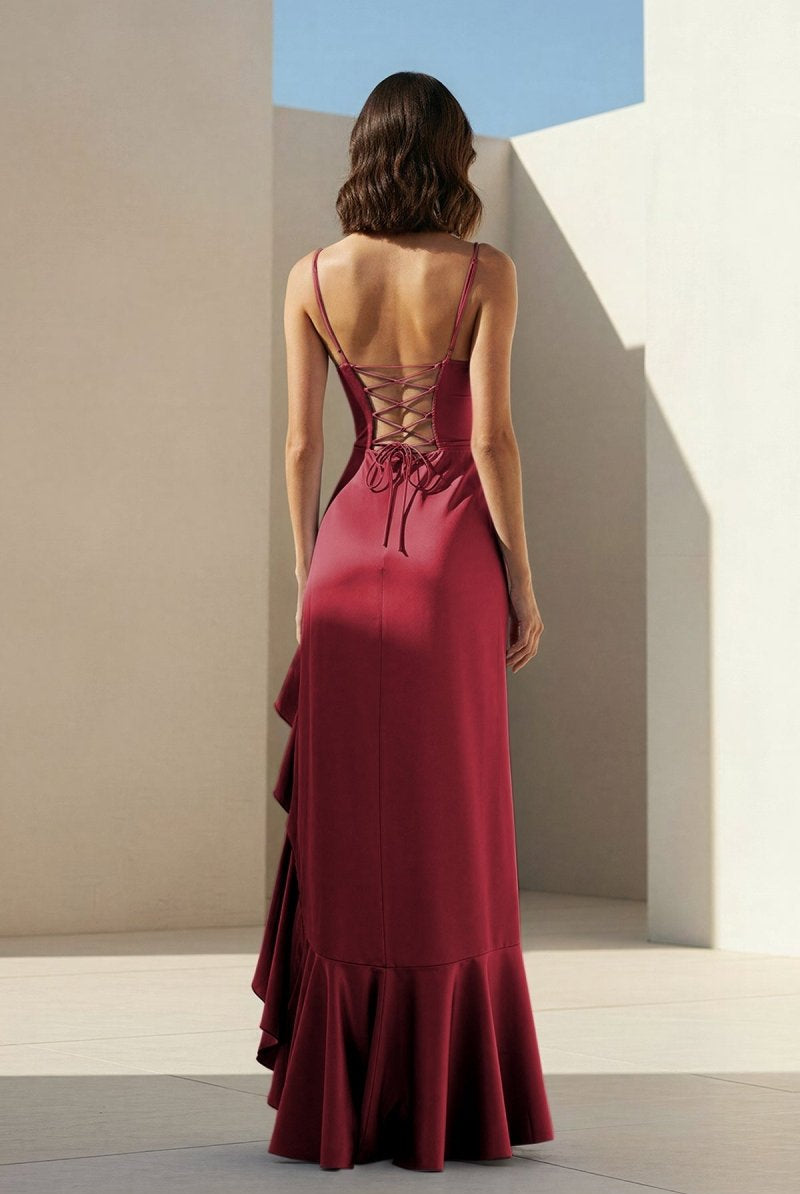 Kylin | Lavender - Spaghetti Straps Sheath Satin Pleated Formal Prom Dresses With Ruffles - KissProm