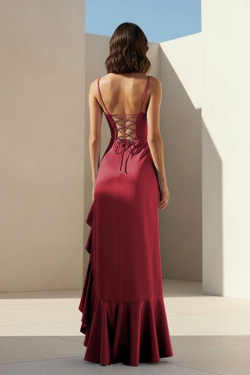 Kylin | Lavender - Spaghetti Straps Sheath Satin Pleated Formal Prom Dresses With Ruffles - KissProm