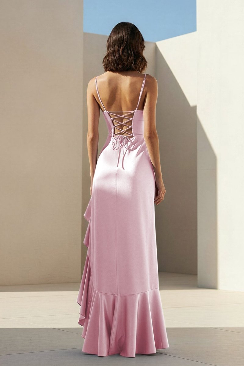 Kylin | Lavender - Spaghetti Straps Sheath Satin Pleated Formal Prom Dresses With Ruffles - KissProm