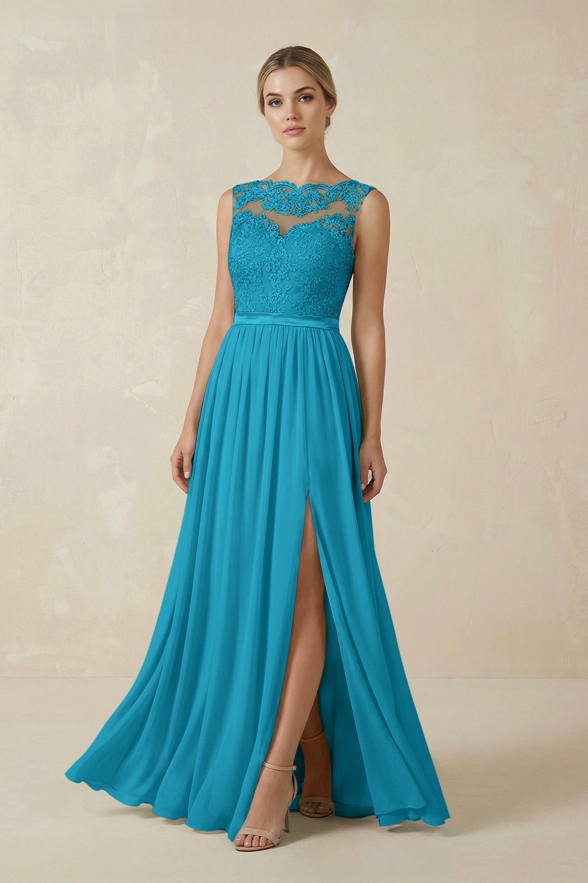 how to wear multiway bridesmaid dresses Lace A-Line Bateau Neck Chiffon Long Bridesmaid Dress in Blue Jay, Blue Jay / 20
