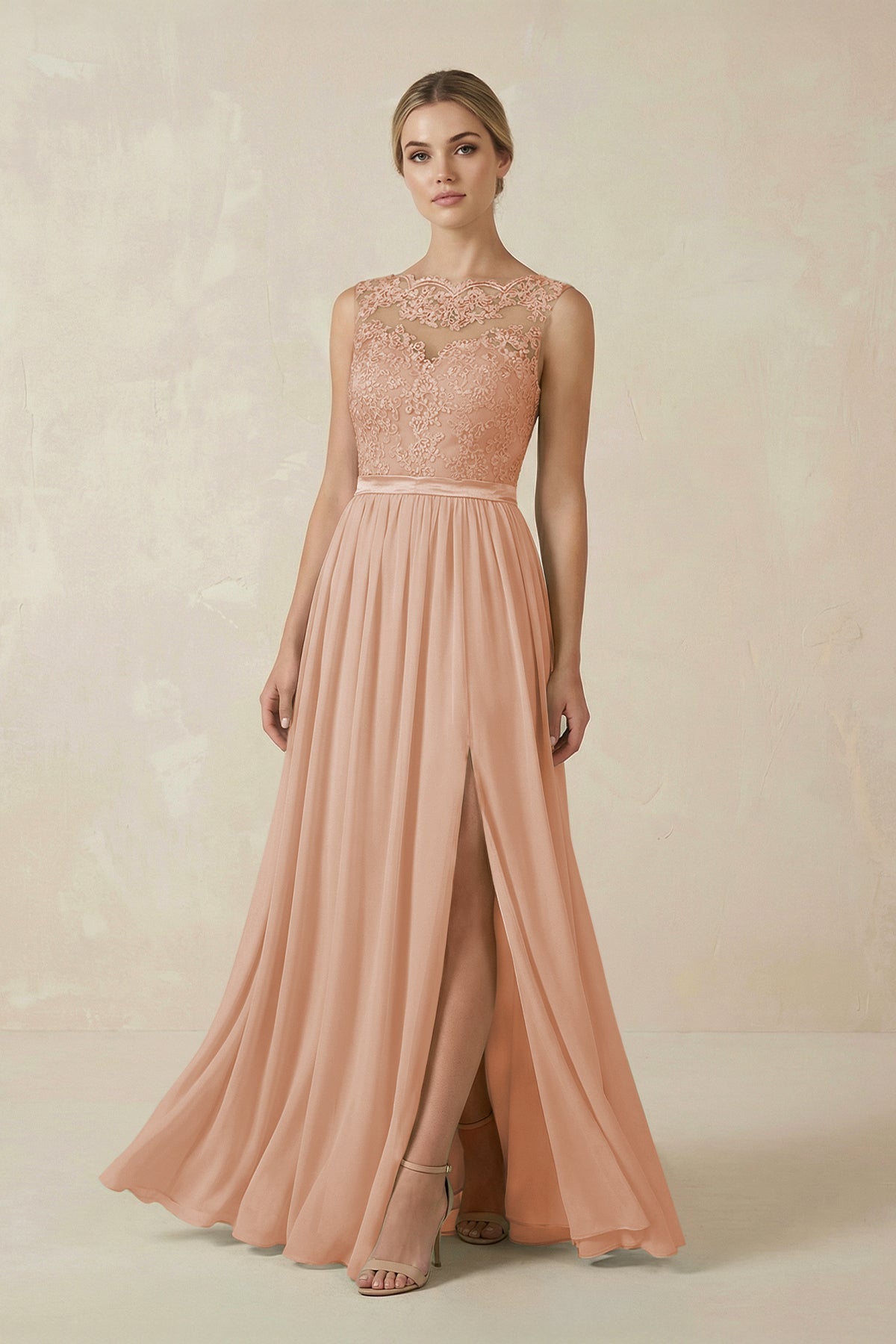 Lace A-Line Bateau Neck Chiffon Long Bridesmaid Dress in Champagne, Champagne / Custom Size( Free ) Lace A-Line Bateau Neck Chiffon Long Bridesmaid Dress in Champagne, Champagne / Custom Size( Free )