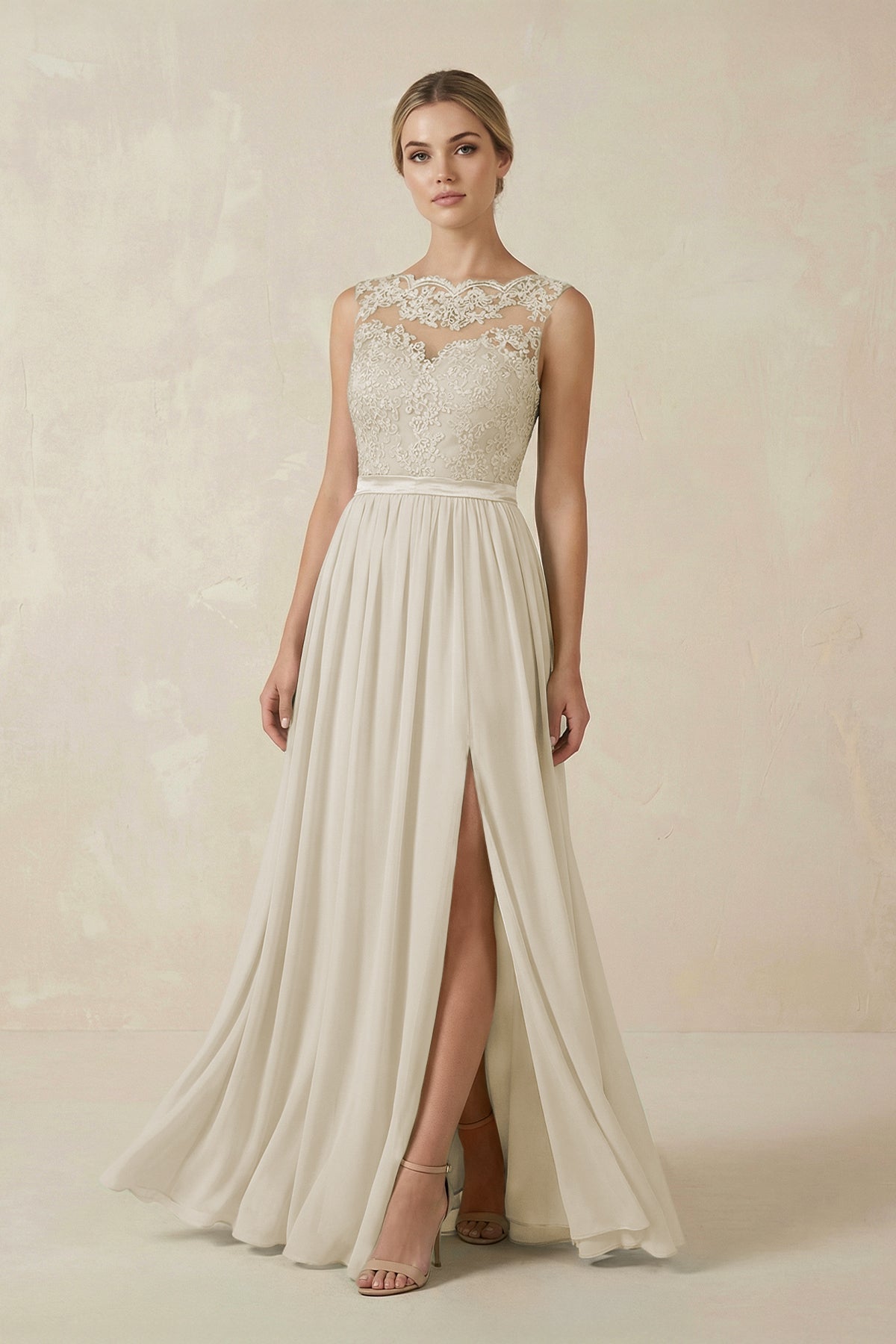 Lace A-Line Bateau Neck Chiffon Long Bridesmaid Dress in Dove Gray, Dove Gray / 22