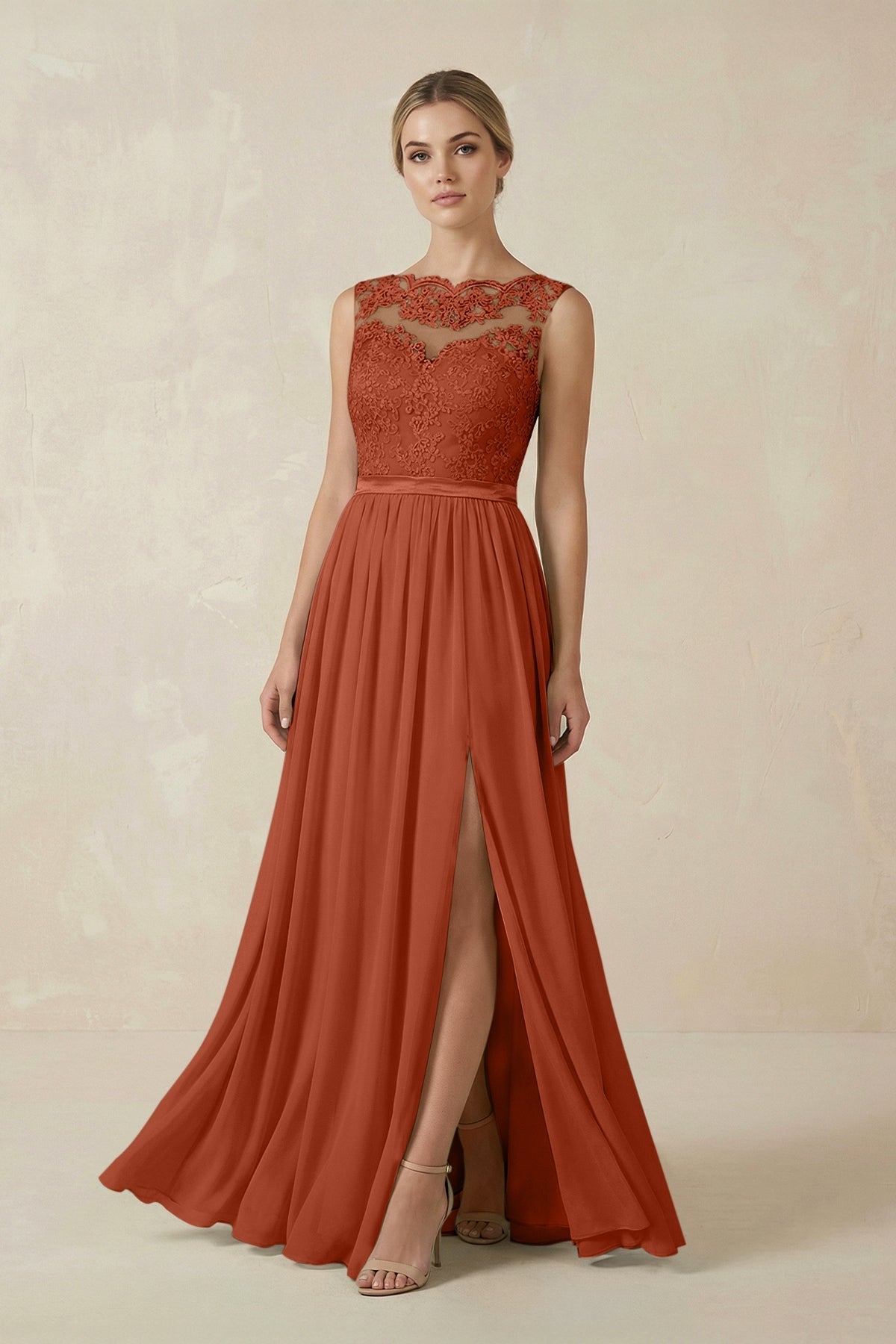 Lace A-Line Bateau Neck Chiffon Long Bridesmaid Dress in Spice, Spice / 20 Lace A-Line Bateau Neck Chiffon Long Bridesmaid Dress in Spice, Spice / 20