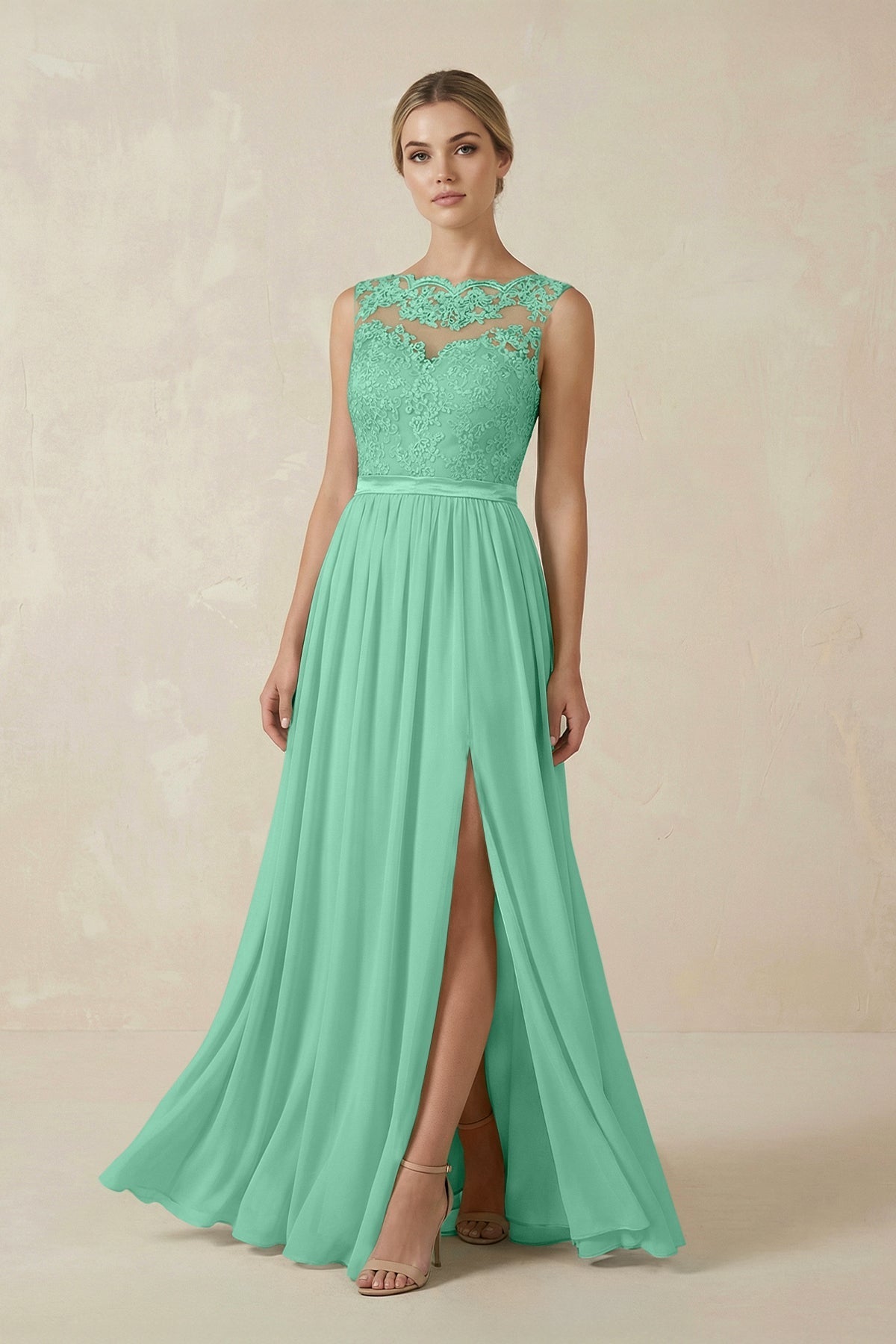 KissProm | A-Line Chiffon Bridesmaid Dress with Lace Top and Slit in Turquoise KissProm | A-Line Chiffon Bridesmaid Dress with Lace Top and Slit in Turquoise