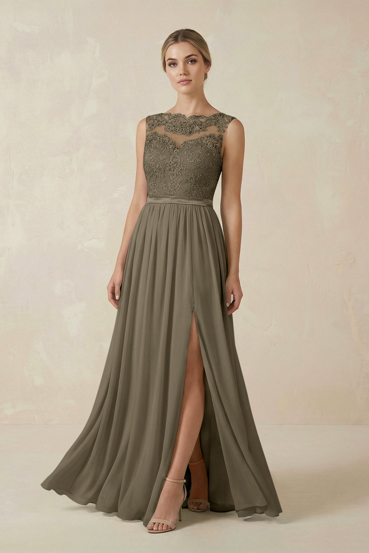 olive green lace bridesmaid dresses KissProm A-Line Bateau Neck Chiffon Long Dress in Willow Green, Willow / 2 cutout_dress Handmade from heavyweight slinky Size:9/12mo Plus Size A-line Dresses
