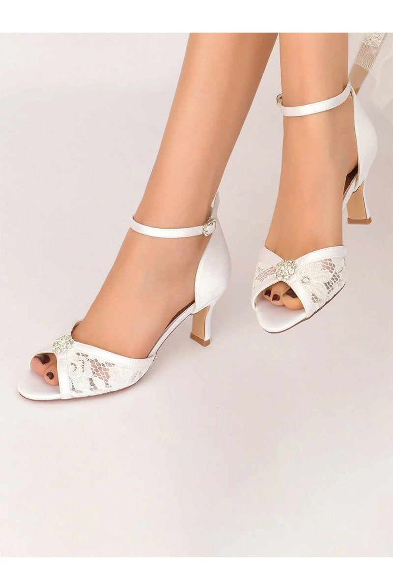 Lace Beaded Peep Toe Imitated Silk High Heels - KissProm